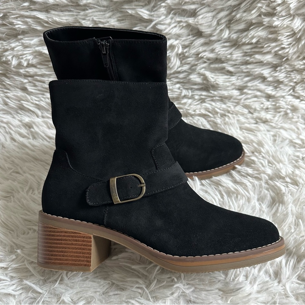 Kensie Black Genuine Suede Ankle Boots Size 9 Block Heel Buckle New In Box